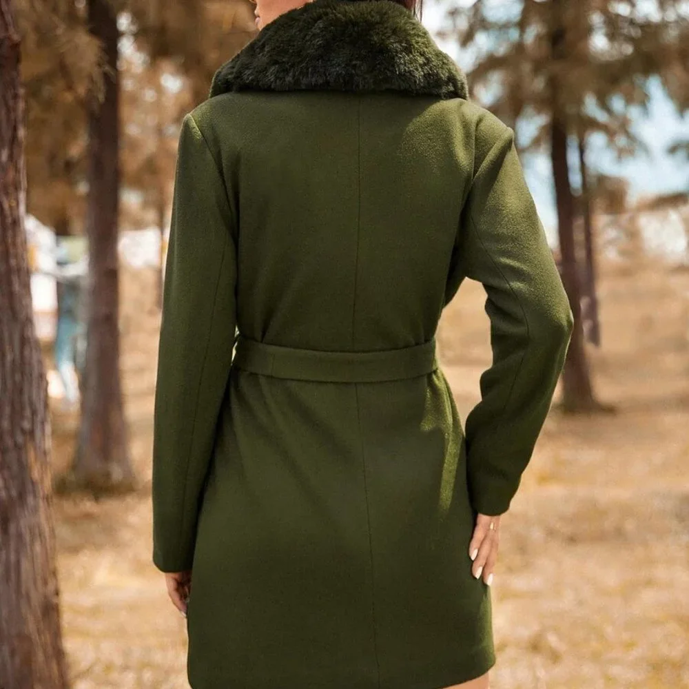 Glamorous Olive Green Faux fur collar Belted Overcoat Jacket Coat - Picture 2 of 6